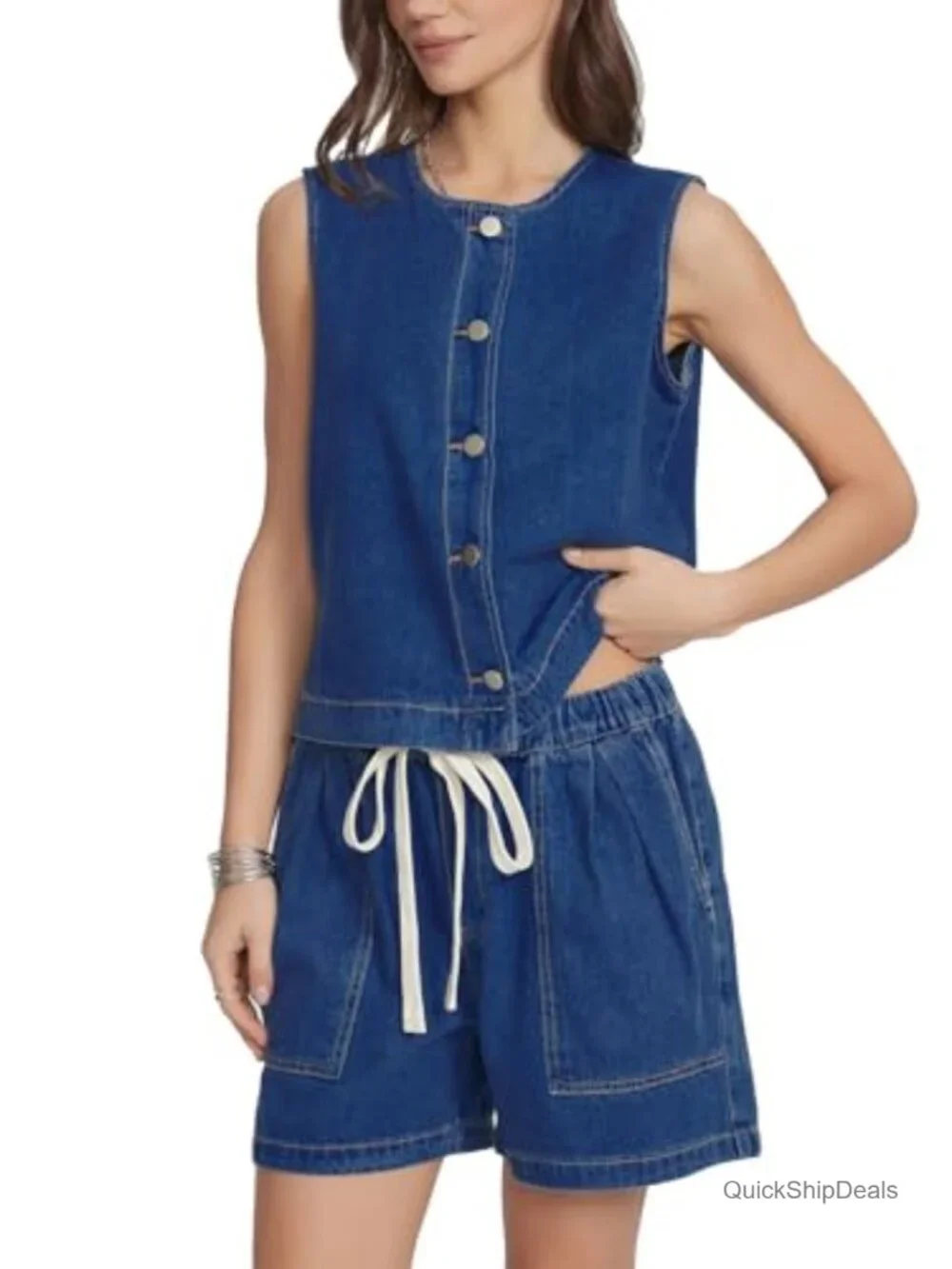 Sleeveless Denim Vest & Baggy Jean Shorts Matching Set Two Piece Outfit